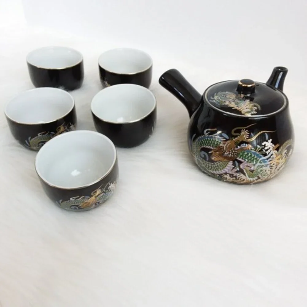 Side Handled 6 Piece Sake Tea Set Black Gold